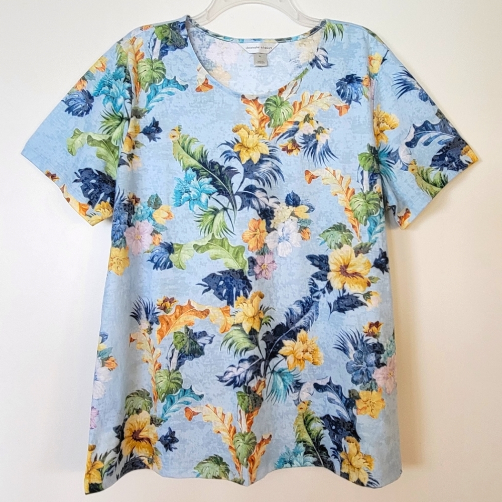 💥3 for $15💥 NWOT Christopher & Banks XL T-Shirt Blue Yellow Tropical Floral